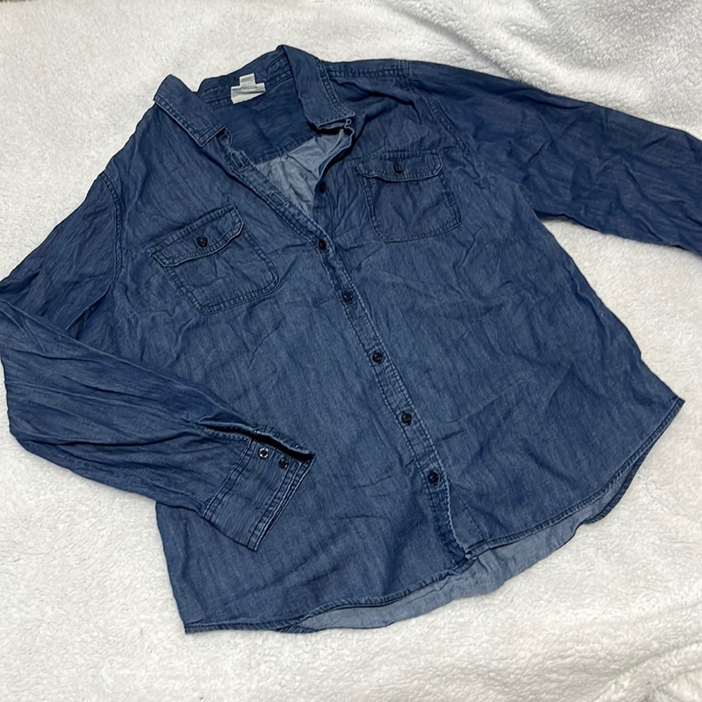 Petite Dark Wash Denim Button Up Top